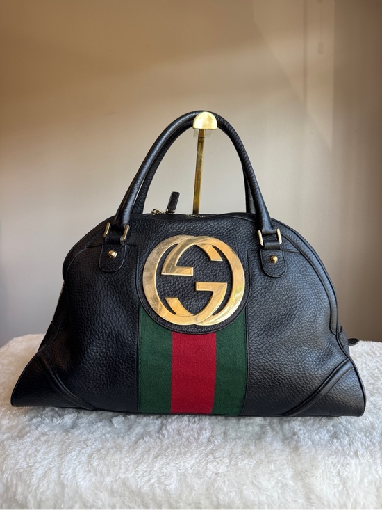 Gucci Handbags - Gucci Black Leather Satchel with Green and Red Web Stripe and Gold GG